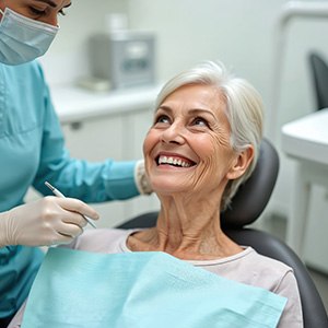 Happy senior patient looking at dental team member