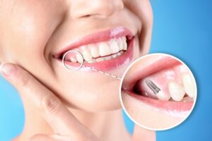 Smiling woman with a dental implant in her upper arch 